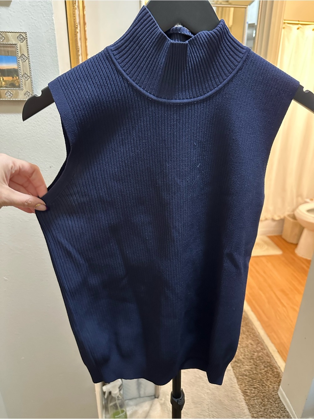 Tory Sport Ribbed Sleeveless Mock Neck Tank - Navy